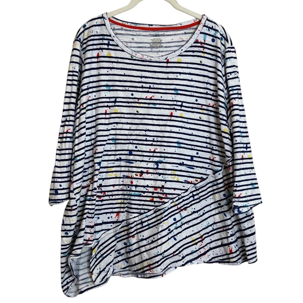 Westbound Woman Striped Paint Splatter Top 2X White Blue Cotton Asymmetric
